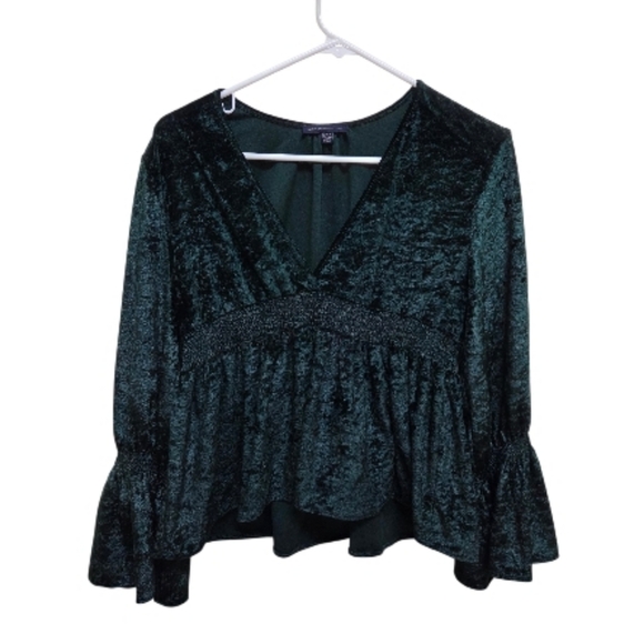 American Eagle Velvet Peplum Babydoll Emerald Green Romantic Blouse Size Small - Picture 10 of 11